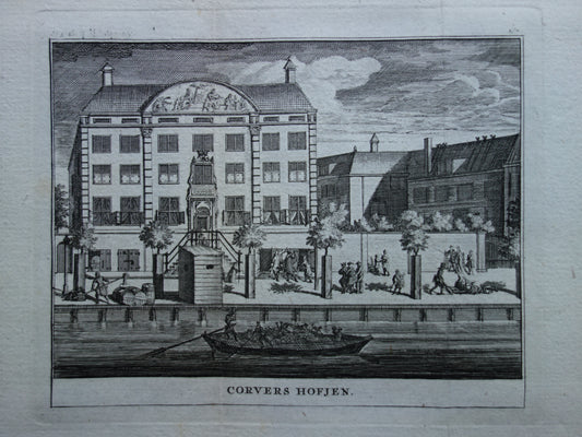 Oude prent van Corvershof Nieuwe Herengracht 6-18 in Amsterdam Originele antieke gravure Protestantse Diaconie Amsterdam Historisch stadsgezicht Vintage Print