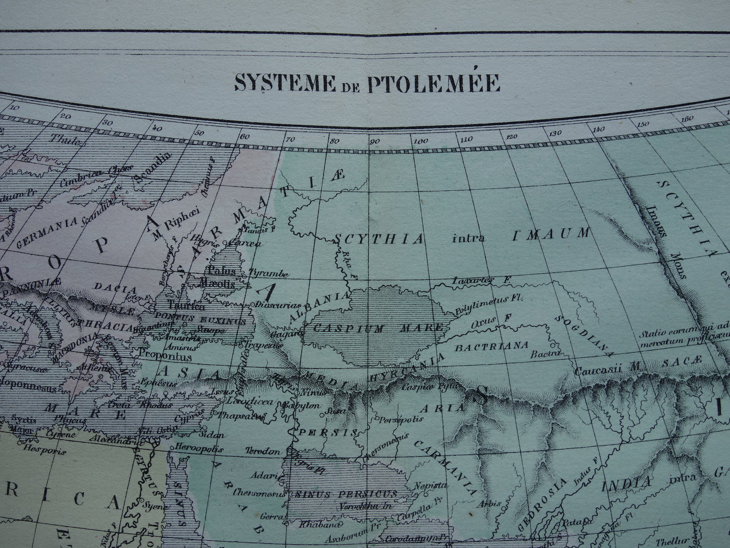 Antieke historische WERELDKAART 1858 oude kaart van Strabo Ptolemaeus Eratosthenes van de wereld in de klassieke oudheid