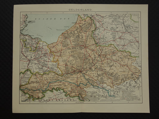 GELDERLAND Oude kaart van de provincie Gelderland uit 1907 originele vintage historische landkaart Apeldoorn Arnhem Nijmegen