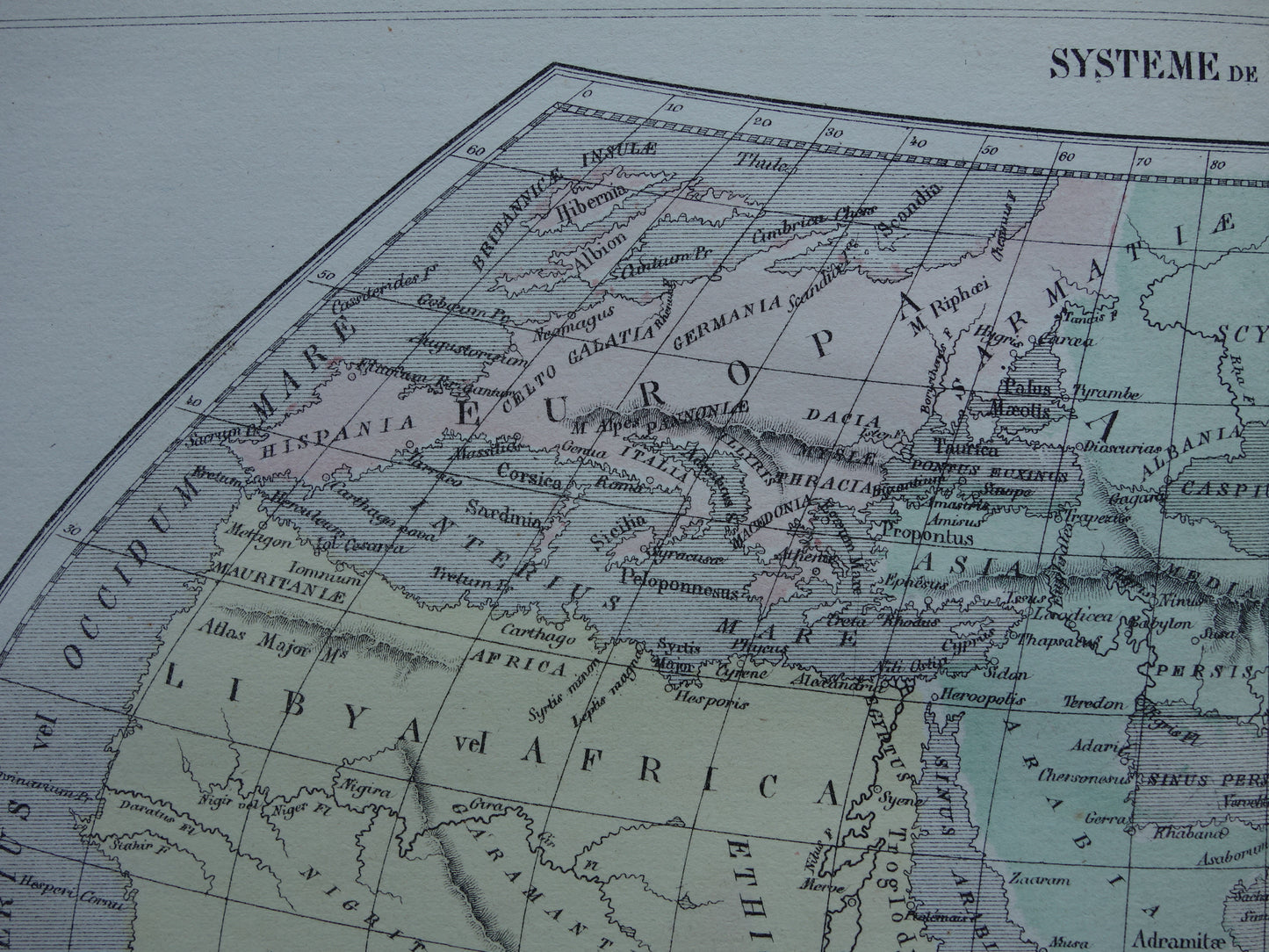 Antieke historische WERELDKAART 1858 oude kaart van Strabo Ptolemaeus Eratosthenes van de wereld in de klassieke oudheid