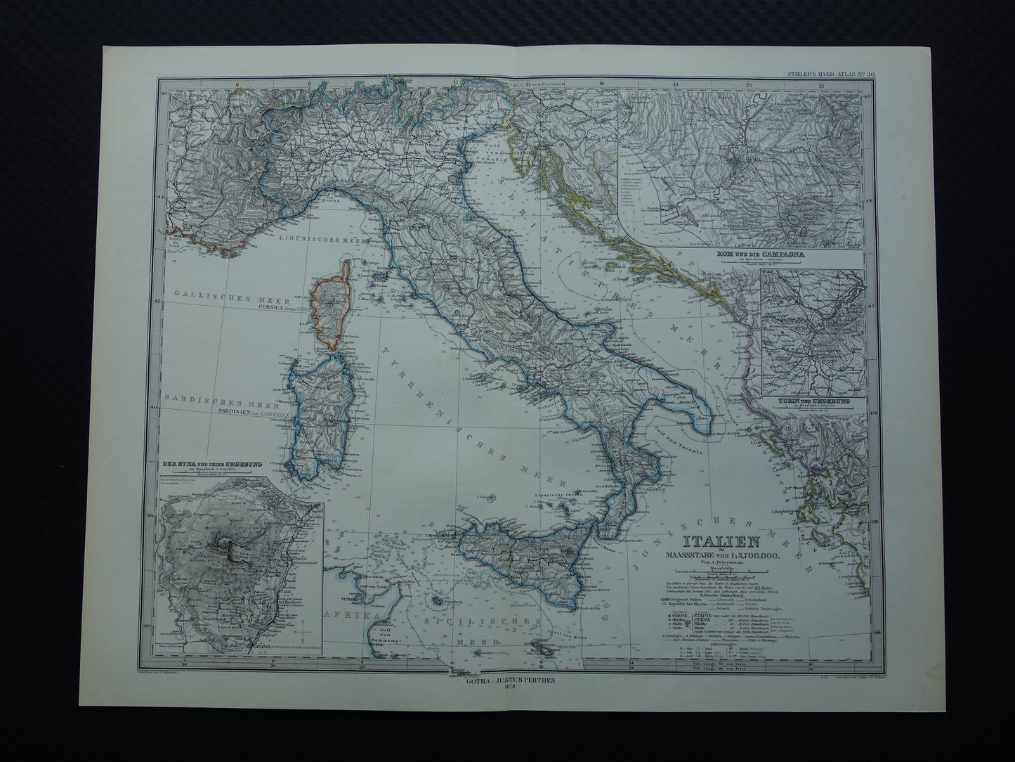 ITALIË antieke kaart van Italië Sicilië Etna Rome Turijn originele 145+ jaar oude landkaart van Italië