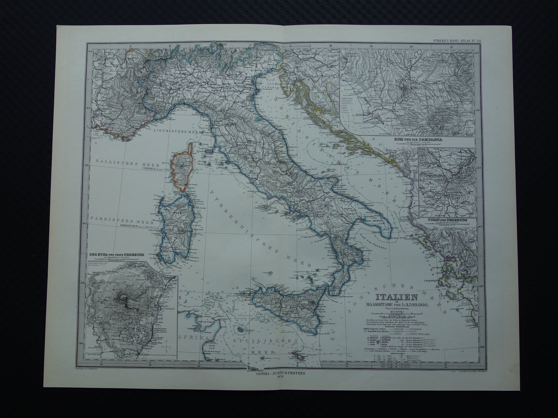 ITALIË antieke kaart van Italië Sicilië Etna Rome Turijn originele 145+ jaar oude landkaart van Italië