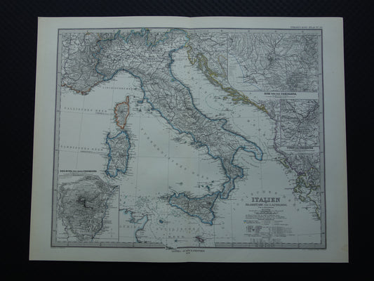 ITALIË antieke kaart van Italië Sicilië Etna Rome Turijn originele 145+ jaar oude landkaart van Italië