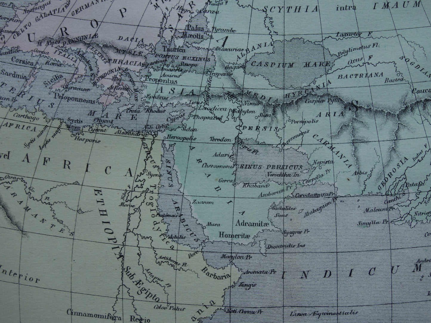 Antieke historische WERELDKAART 1858 oude kaart van Strabo Ptolemaeus Eratosthenes van de wereld in de klassieke oudheid