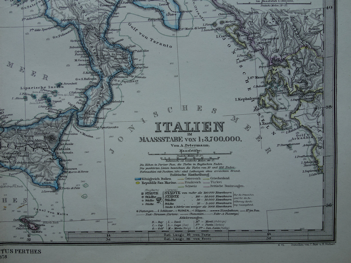 ITALIË antieke kaart van Italië Sicilië Etna Rome Turijn originele 145+ jaar oude landkaart van Italië