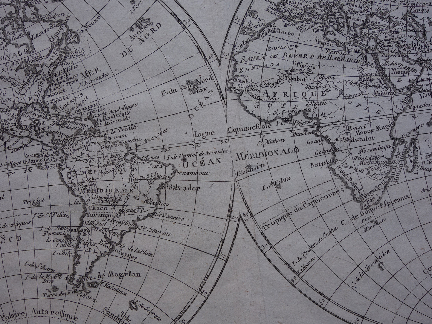 245+ jaar oude Wereldkaart Originele antieke kaart van de wereld van Raynal Bonne uit 1780