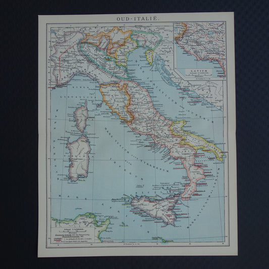 Oude kaart van Italië in klassieke oudheid Originele vintage geschiedeniskaart Romeinse rijk Griekse koloniën Feniciërs