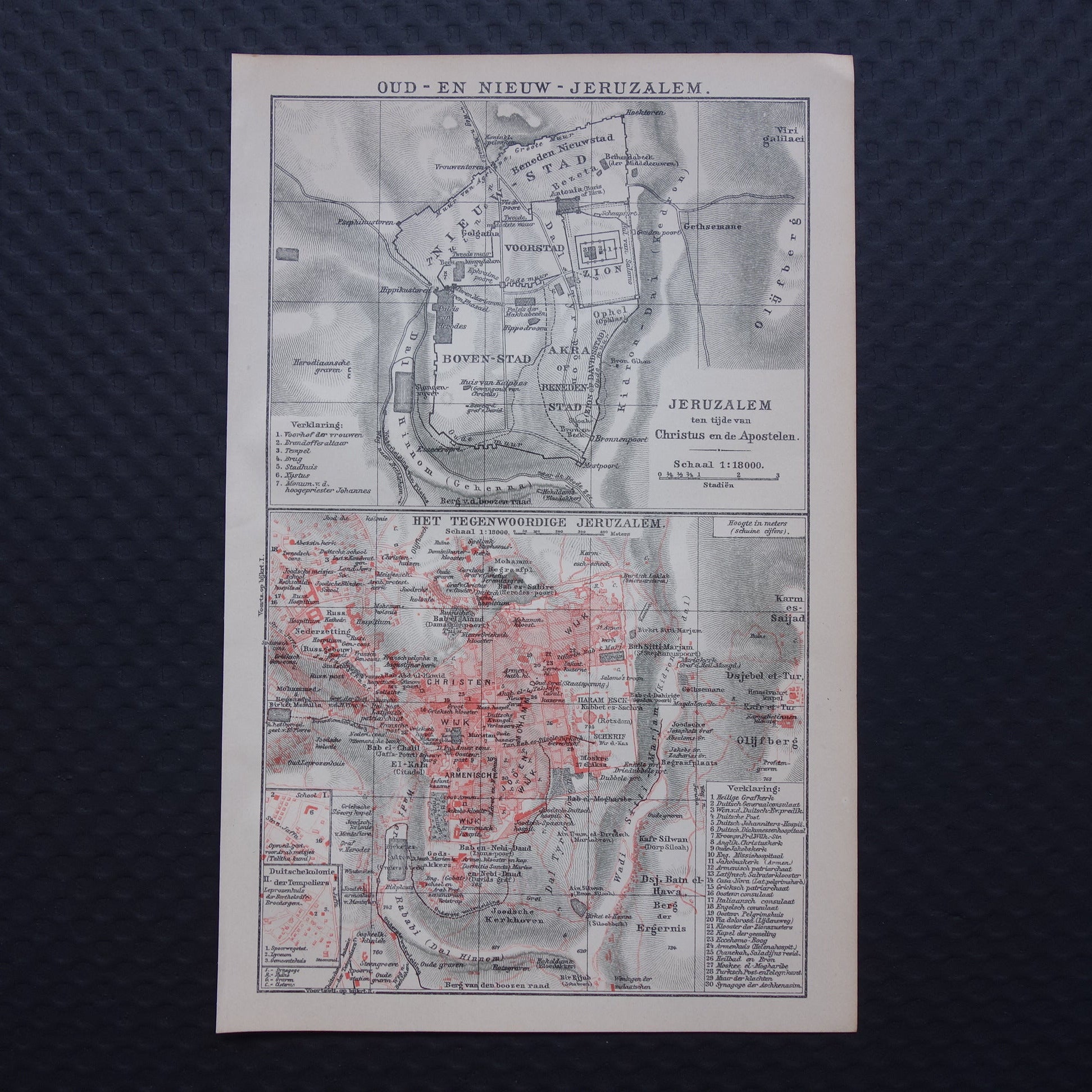 Oude kaart van Jeruzalem in 1918 en in klassieke oudheid - kleine originele antieke plattegrond Jeruzalem