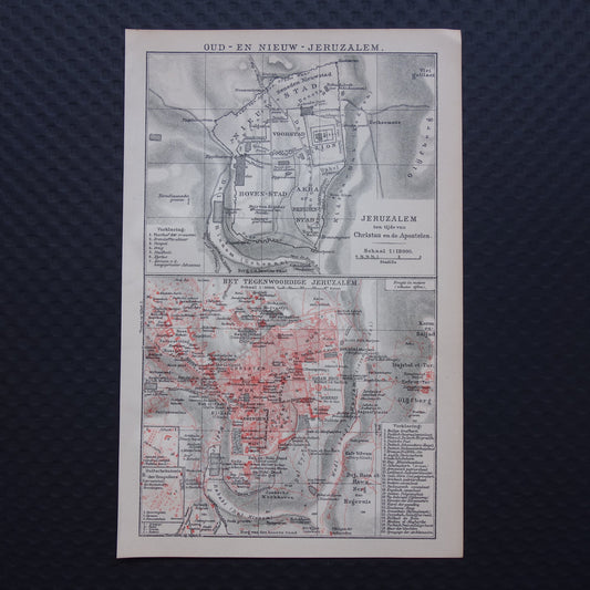Oude kaart van Jeruzalem in 1918 en in klassieke oudheid - kleine originele antieke plattegrond Jeruzalem