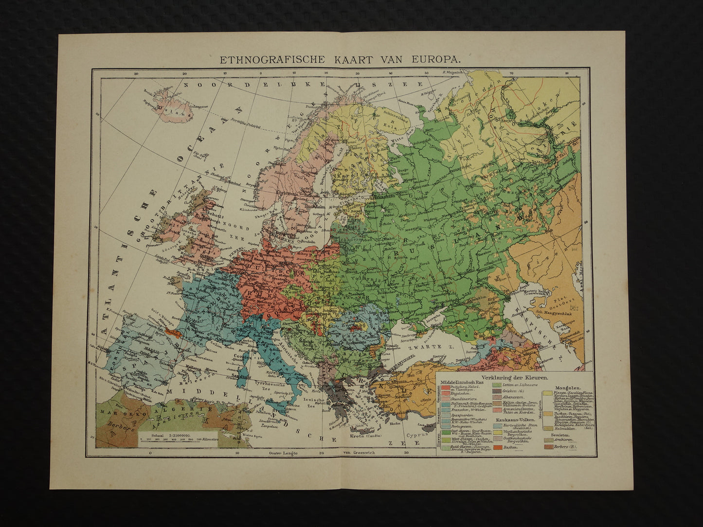 Oude etnografische kaart van Europa uit 1907 originele antieke landkaart etnografie van Europa continent vintage Nederlandse kaarten