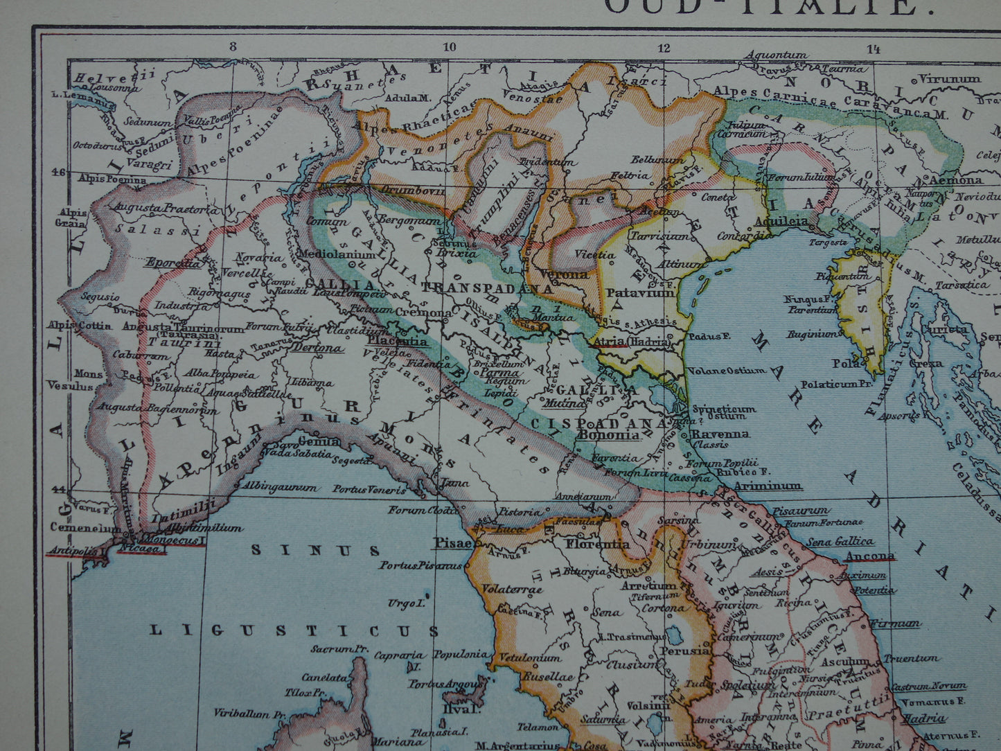 Oude kaart van Italië in klassieke oudheid Originele vintage geschiedeniskaart Romeinse rijk Griekse koloniën Feniciërs