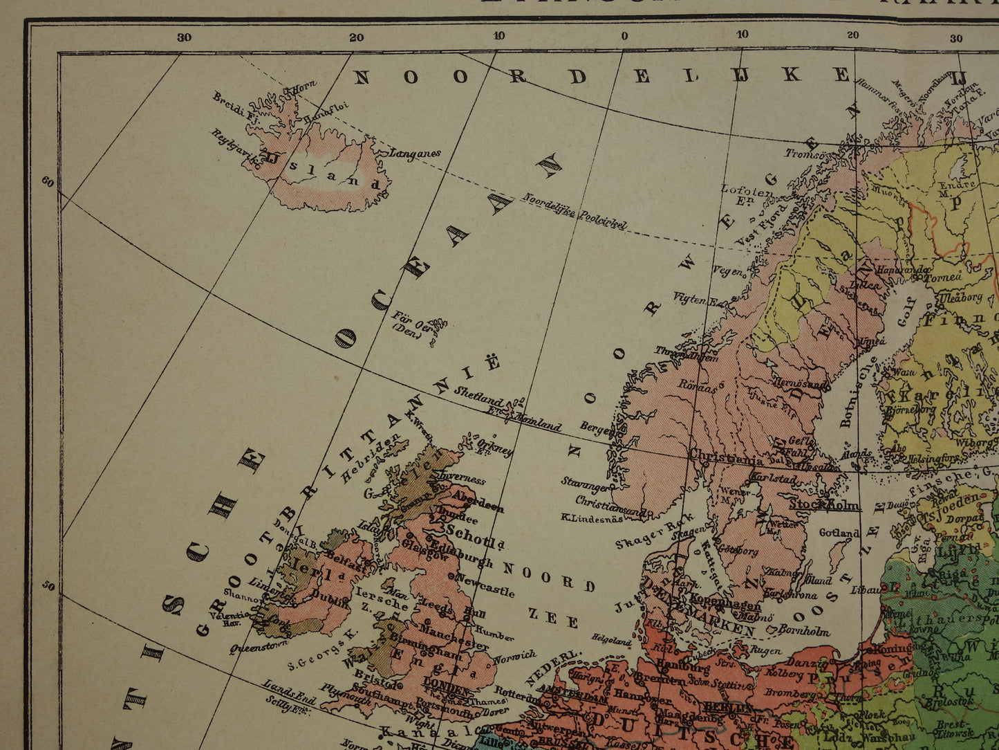 Oude etnografische kaart van Europa uit 1907 originele antieke landkaart etnografie van Europa continent vintage Nederlandse kaarten