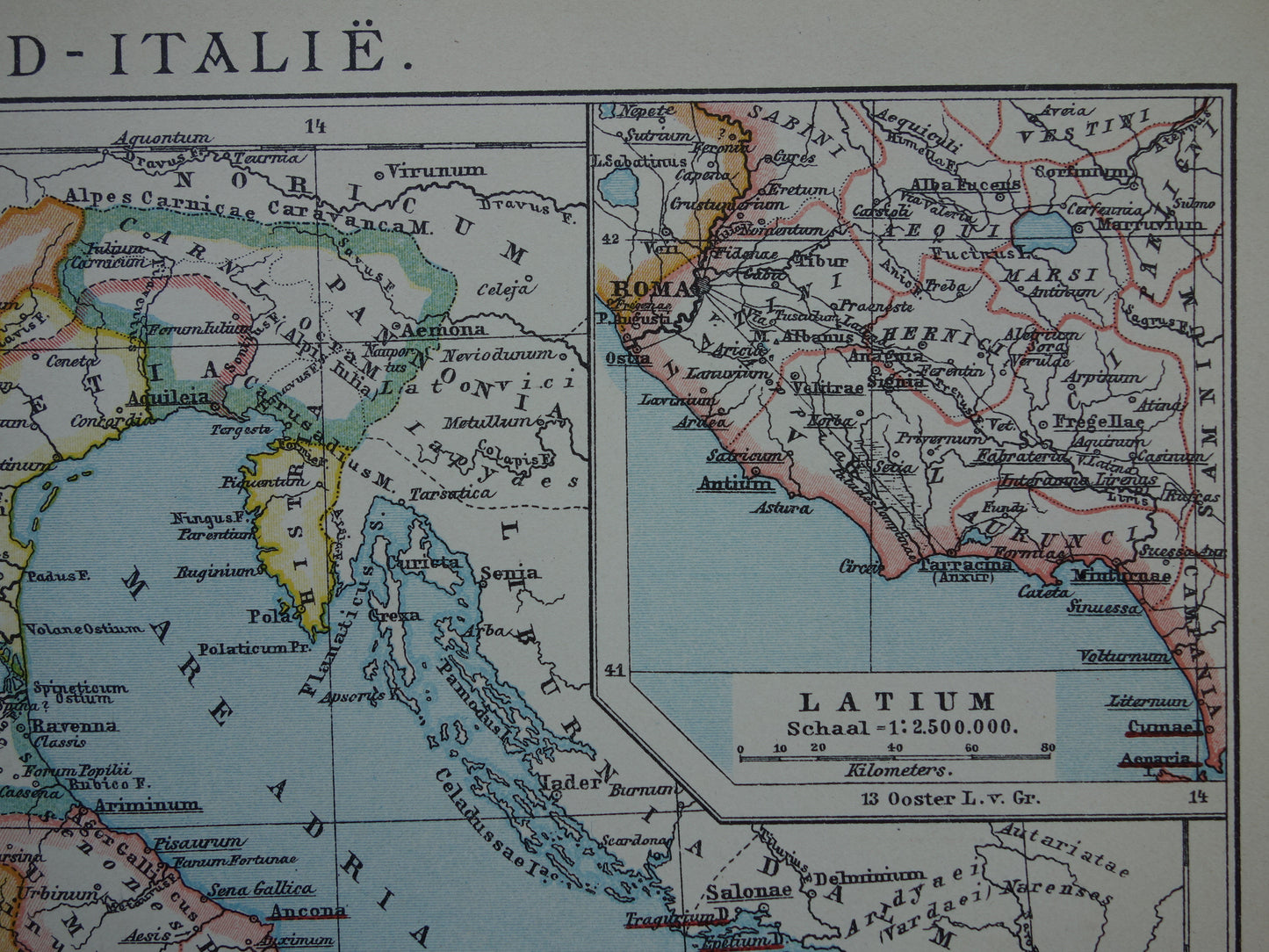 Oude kaart van Italië in klassieke oudheid Originele vintage geschiedeniskaart Romeinse rijk Griekse koloniën Feniciërs