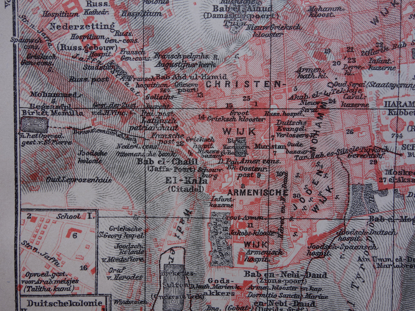 Oude kaart van Jeruzalem in 1918 en in klassieke oudheid - kleine originele antieke plattegrond Jeruzalem