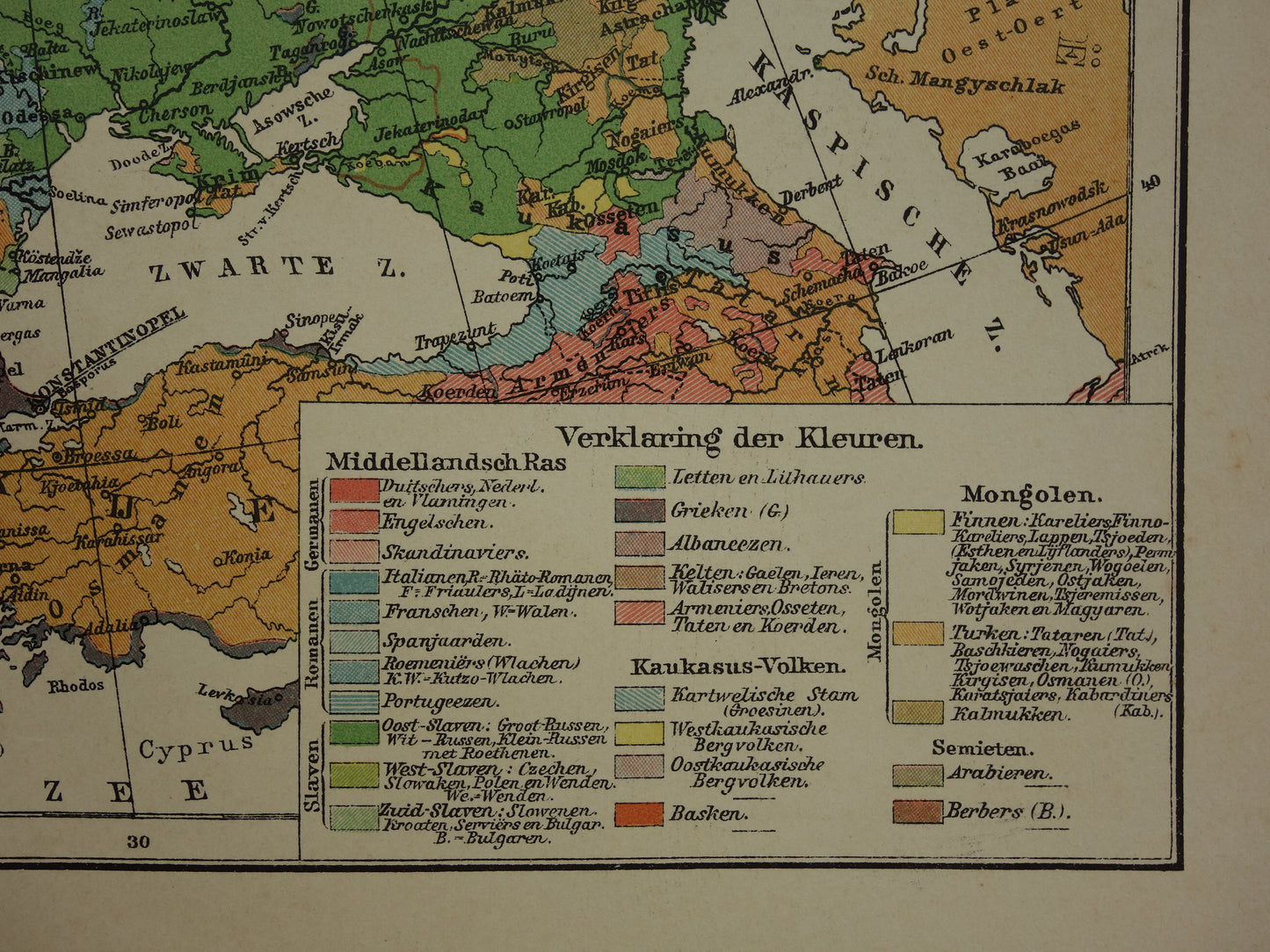 Oude etnografische kaart van Europa uit 1907 originele antieke landkaart etnografie van Europa continent vintage Nederlandse kaarten