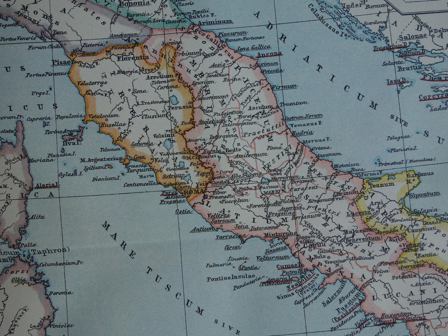 Oude kaart van Italië in klassieke oudheid Originele vintage geschiedeniskaart Romeinse rijk Griekse koloniën Feniciërs