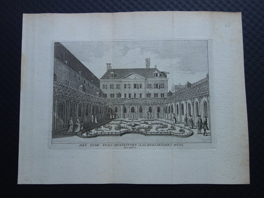 Oude prent van Oudezijds Huiszittenhuis / Academie van Bouwkunst in Amsterdam Originele antieke gravure Huiszittenaalmoezeniershuis Waterlooplein Historisch stadsgezicht Vintage Print