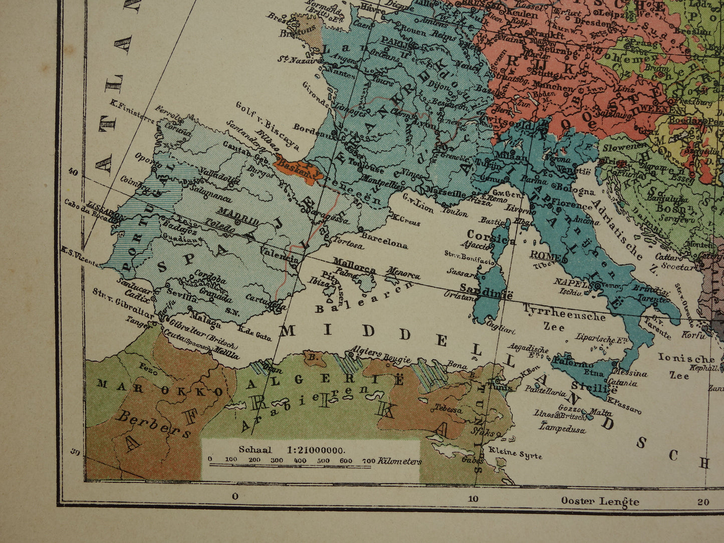 Oude etnografische kaart van Europa uit 1907 originele antieke landkaart etnografie van Europa continent vintage Nederlandse kaarten