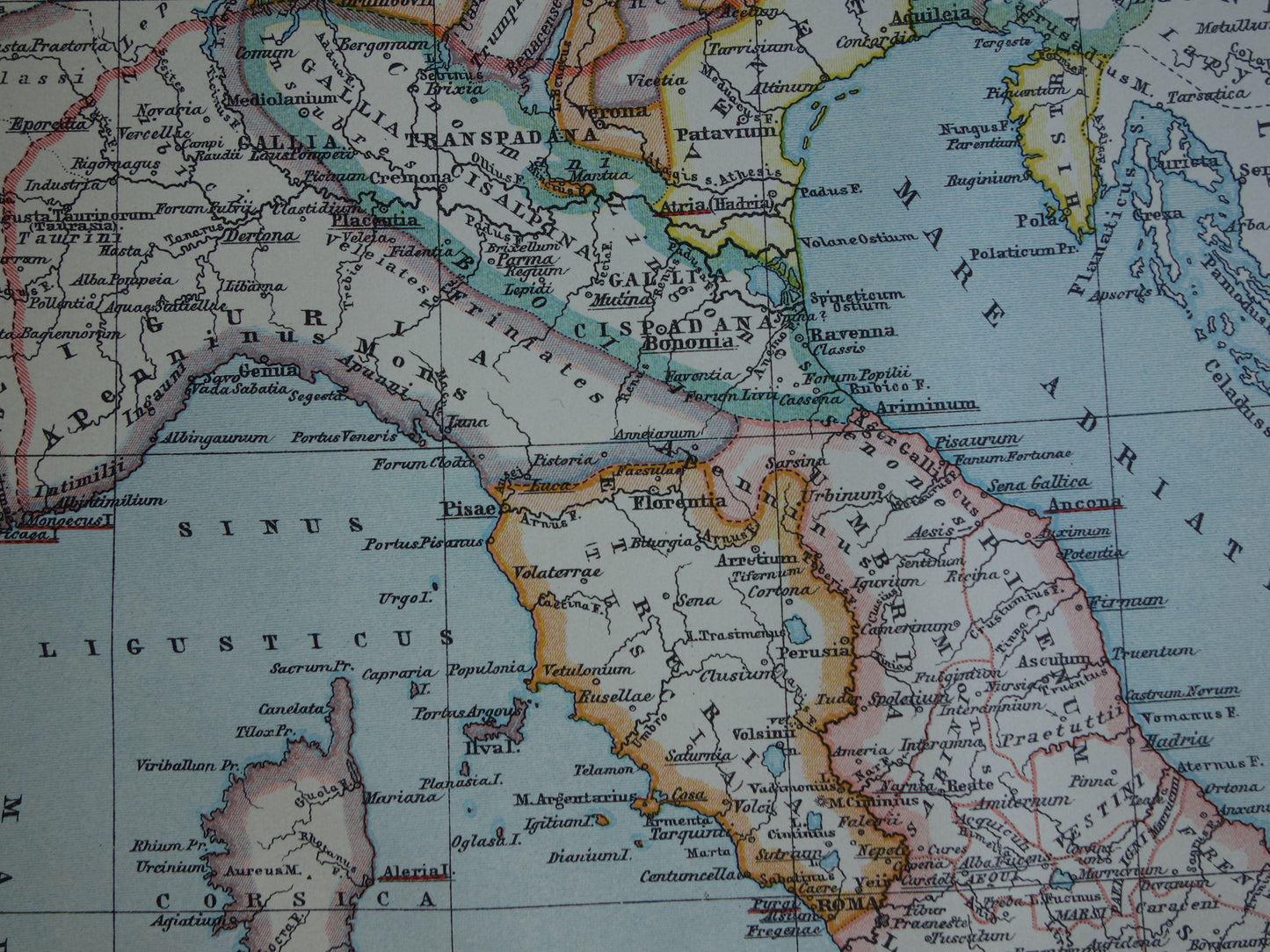 Oude kaart van Italië in klassieke oudheid Originele vintage geschiedeniskaart Romeinse rijk Griekse koloniën Feniciërs