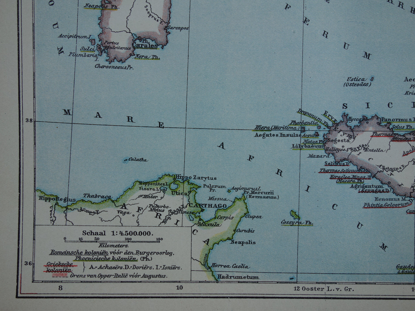 Oude kaart van Italië in klassieke oudheid Originele vintage geschiedeniskaart Romeinse rijk Griekse koloniën Feniciërs