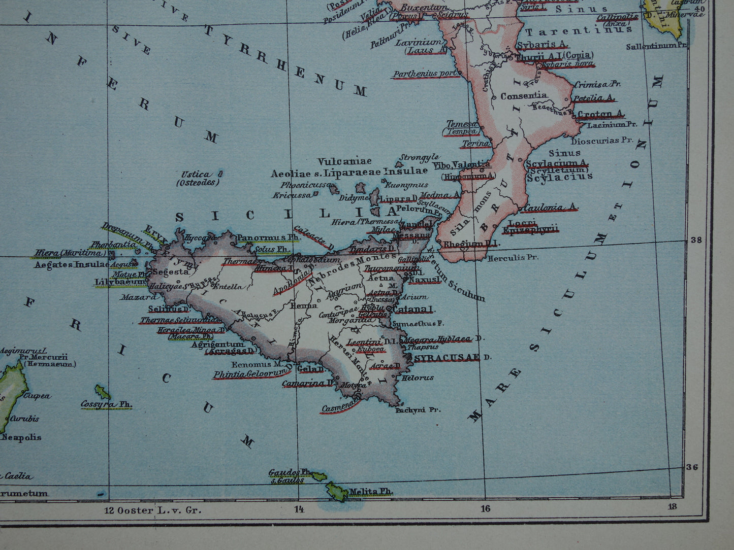 Oude kaart van Italië in klassieke oudheid Originele vintage geschiedeniskaart Romeinse rijk Griekse koloniën Feniciërs