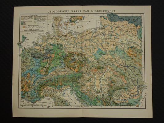 Oude geologische kaart van Centraal-Europa Originele antieke geologie kaart tijdschaal formaties vintage kaarten