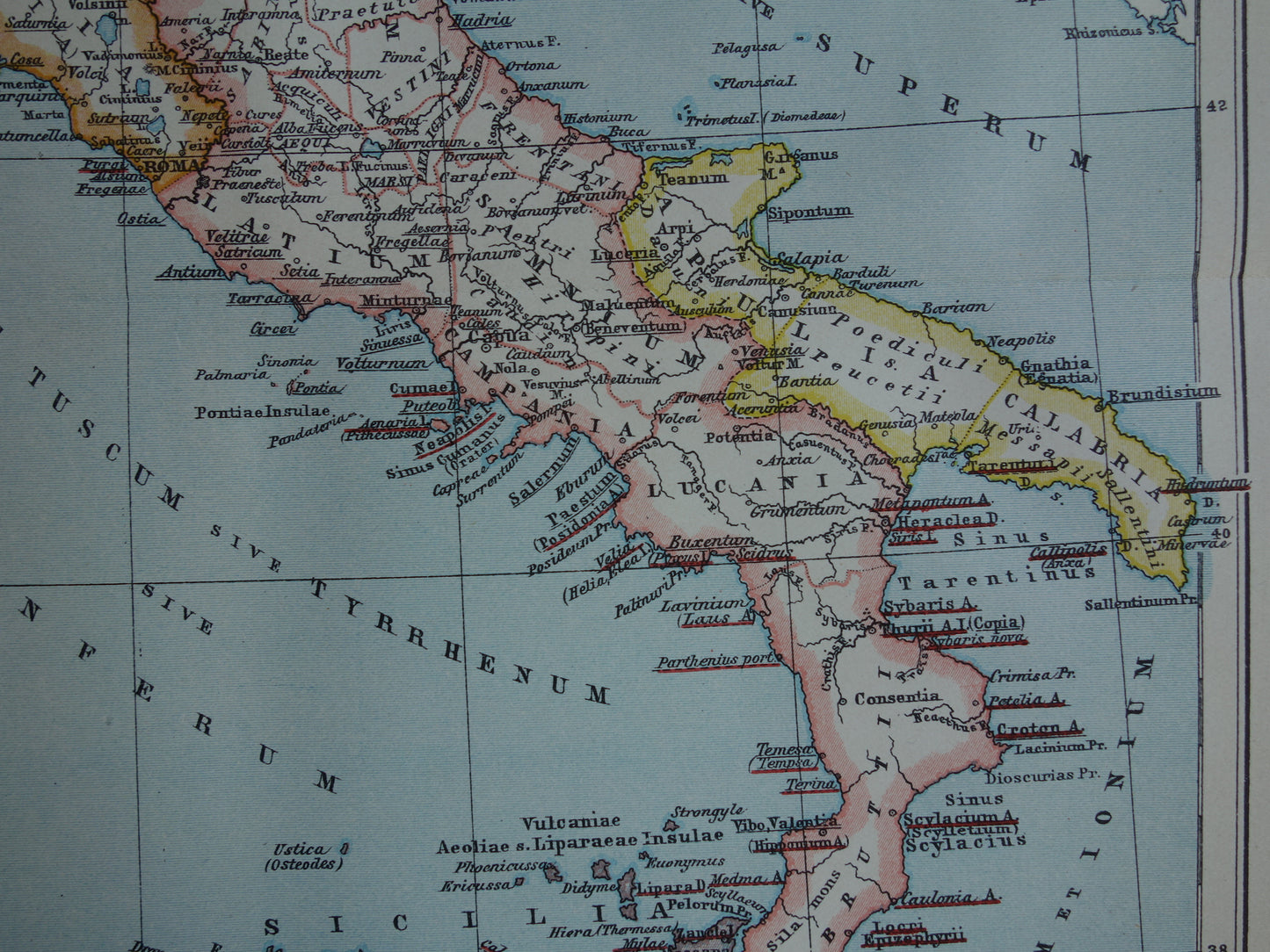 Oude kaart van Italië in klassieke oudheid Originele vintage geschiedeniskaart Romeinse rijk Griekse koloniën Feniciërs