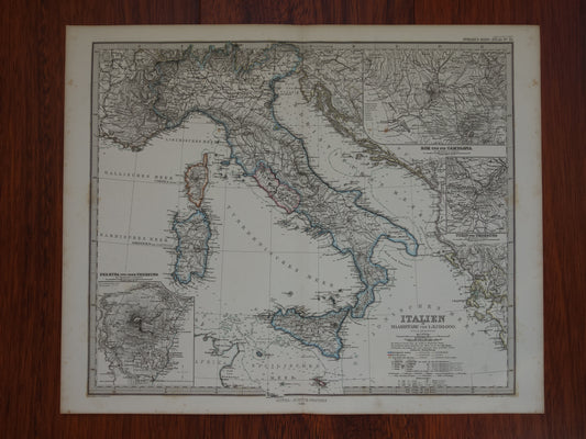 ITALIË antieke kaart van Italië Sicilië Etna Rome Turijn originele 155+ jaar oude landkaart van Italië