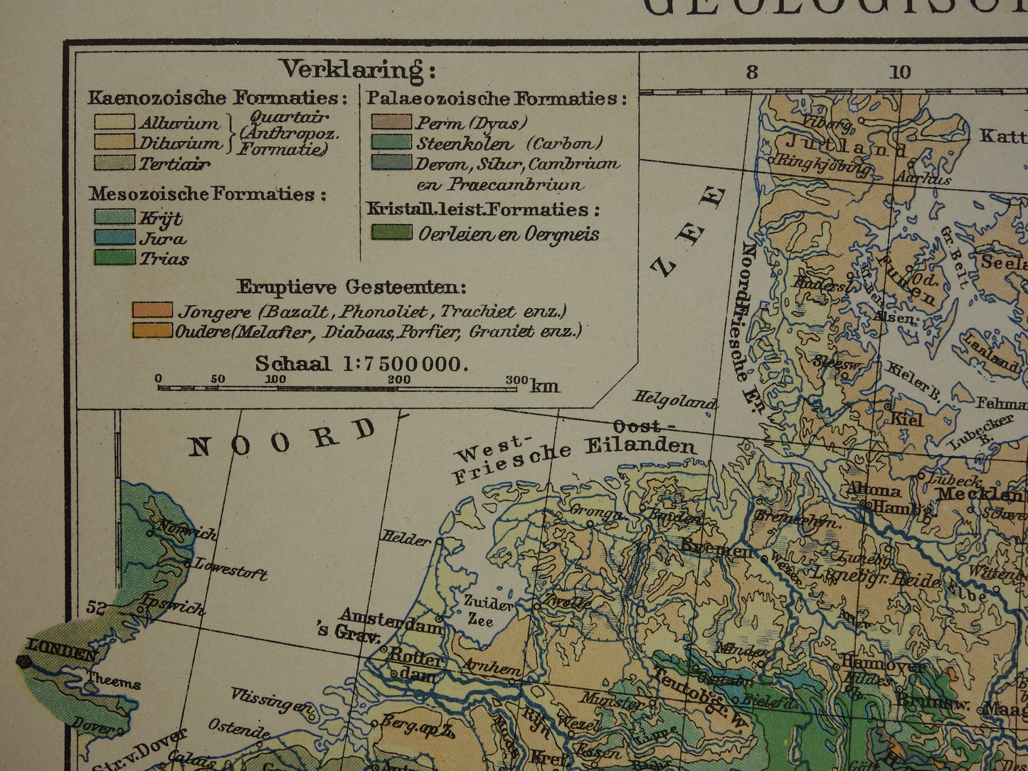 Oude geologische kaart van Centraal-Europa Originele antieke geologie kaart tijdschaal formaties vintage kaarten