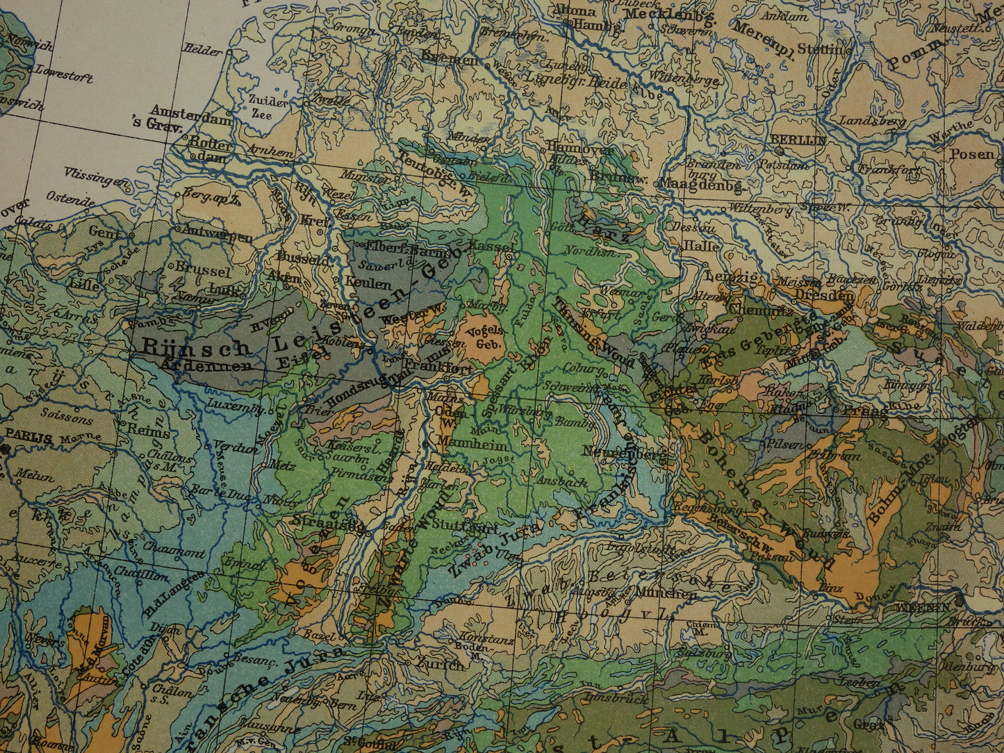 Oude geologische kaart van Centraal-Europa Originele antieke geologie kaart tijdschaal formaties vintage kaarten