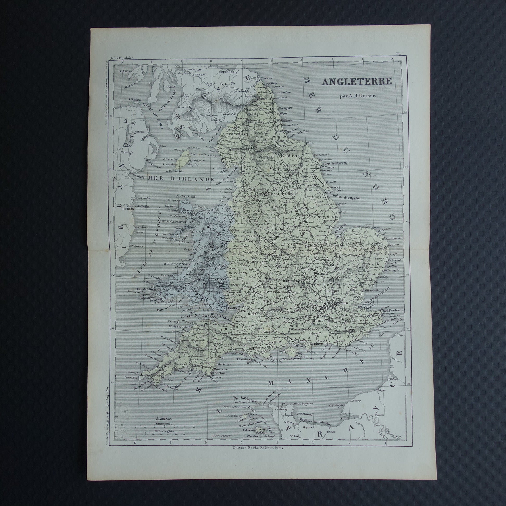 Antieke Franse landkaart van Engeland en Wales - Handgekleurde oude kaart Engeland