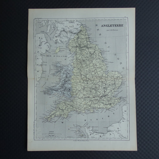 Antieke Franse landkaart van Engeland en Wales - Handgekleurde oude kaart Engeland