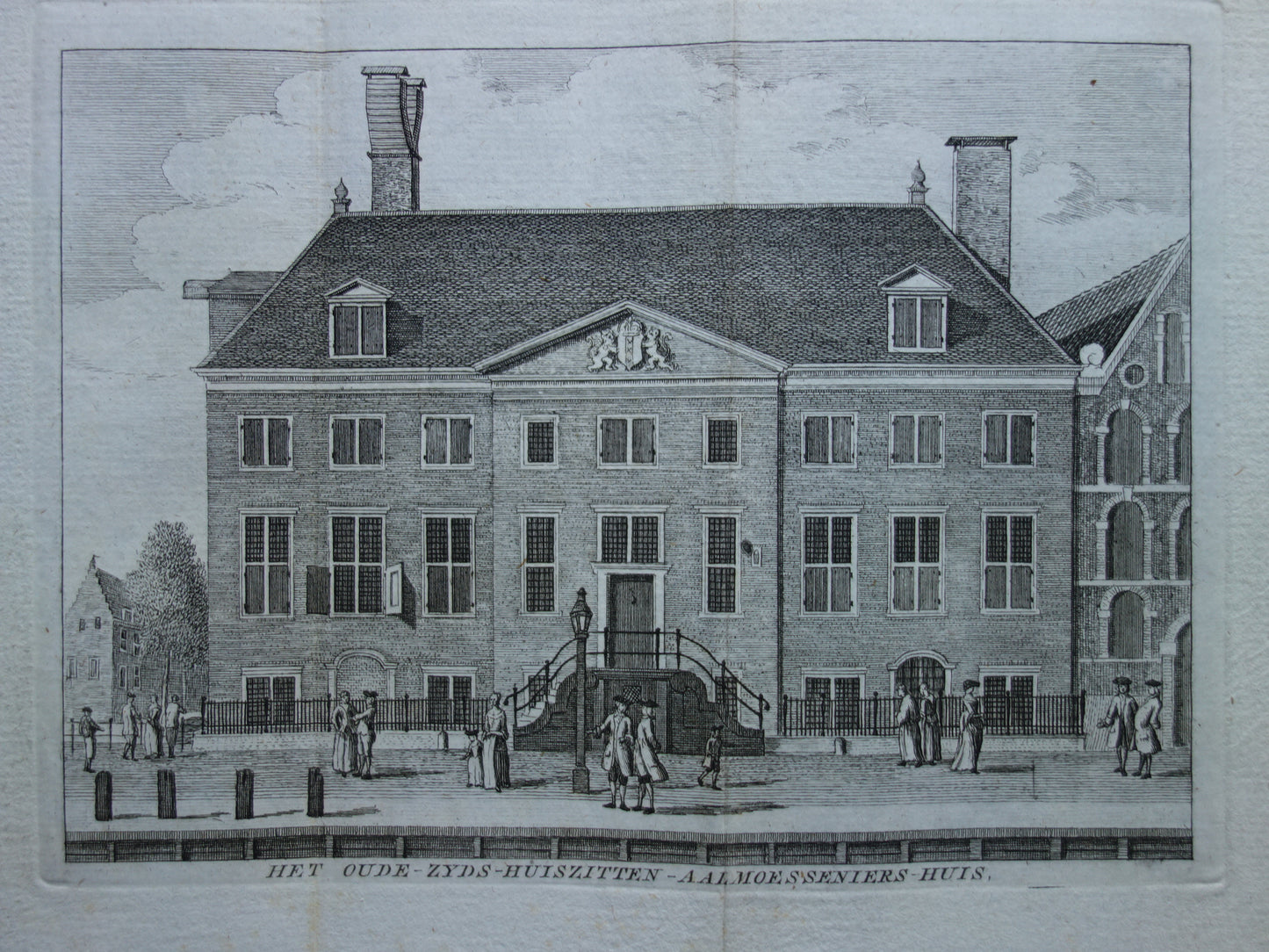 Antieke prent van Academie van Bouwkunst / Oudezijds Huiszittenhuis in Amsterdam Originele antieke gravure Huiszittenaalmoezeniershuis Waterlooplein Historisch stadsgezicht Vintage Print