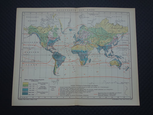 Oude wereldkaart van gemiddelde neerslag 1903 originele antieke gedateerde kaart van regen regenkaart klimaat vintage print