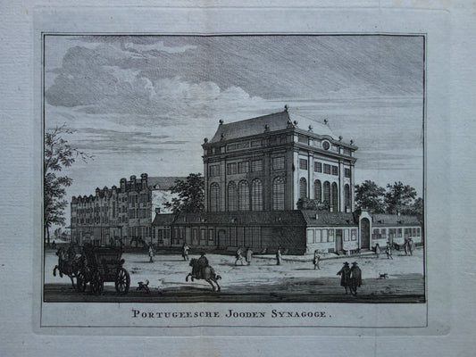 Antieke prent van Portugese Synagoge in Amsterdam Originele oude gravure Mr. Visserplein Historisch stadsgezicht Vintage Print Portugeesche Jooden Synagoge