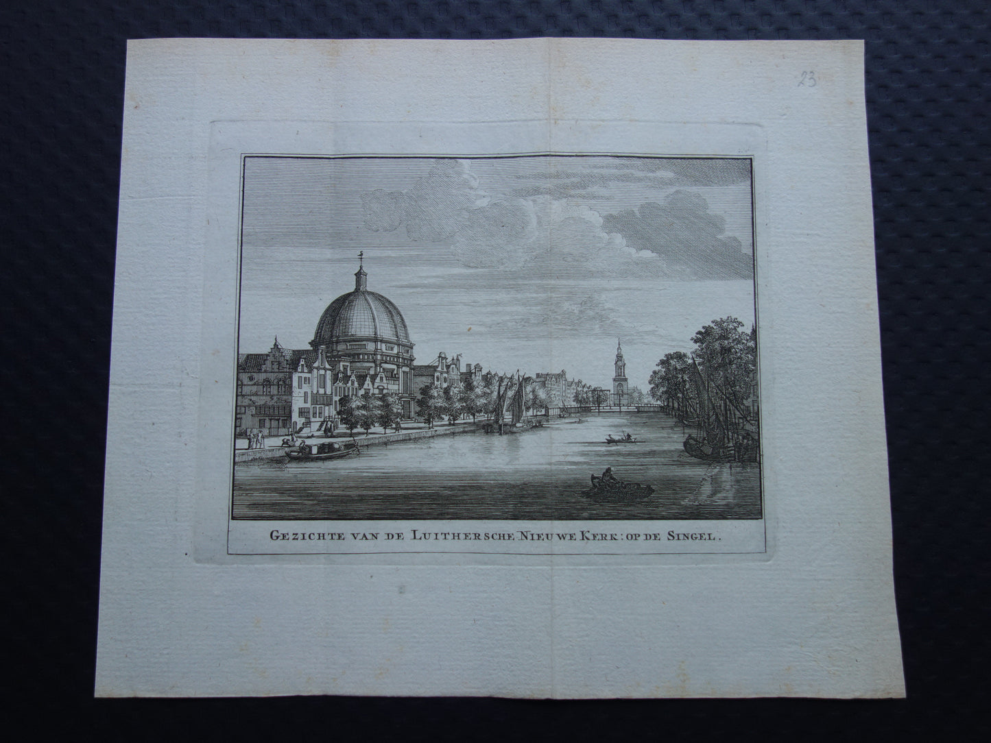 Antieke prent van Het Singel in Amsterdam Originele oude gravure Ronde Lutherse Kerk Koepelkerk Historisch stadsgezicht Vintage Print