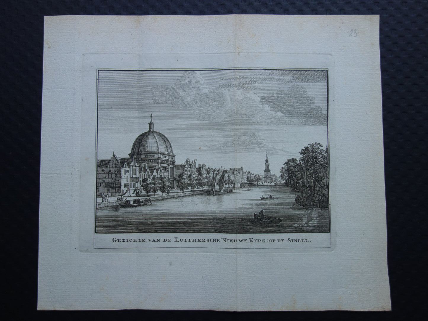 Antieke prent van Het Singel in Amsterdam Originele oude gravure Ronde Lutherse Kerk Koepelkerk Historisch stadsgezicht Vintage Print