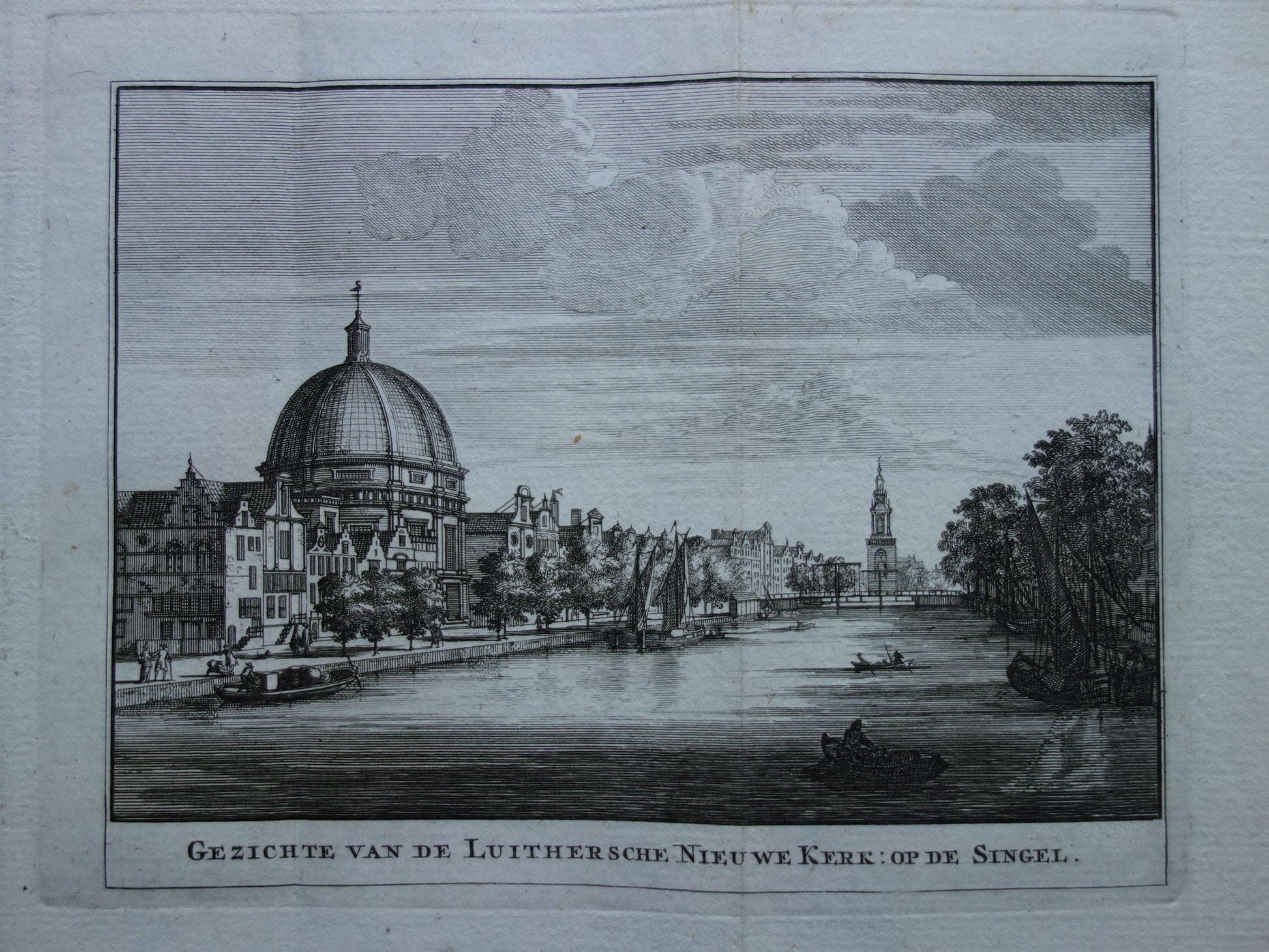 Antieke prent van Het Singel in Amsterdam Originele oude gravure Ronde Lutherse Kerk Koepelkerk Historisch stadsgezicht Vintage Print 
