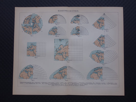 Cartografie oude prent over kaartprojecties Kartografie Aardrijkskunde antieke print