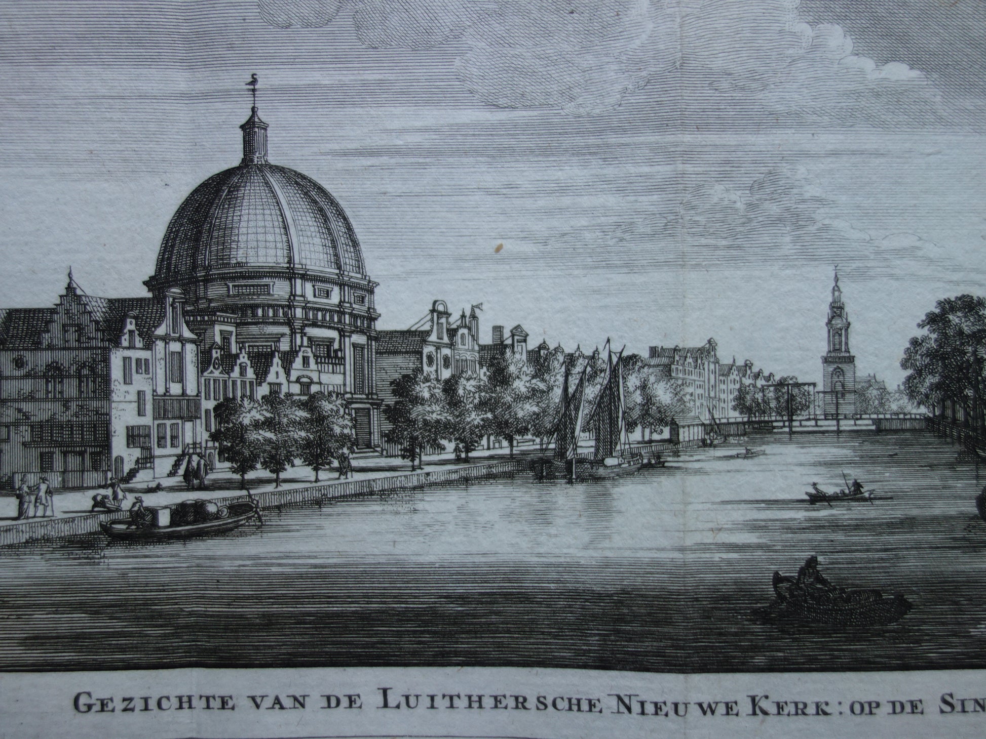 Gezichte van de Luithersche Nieuwe Kerk  op de Singel originele gravure

