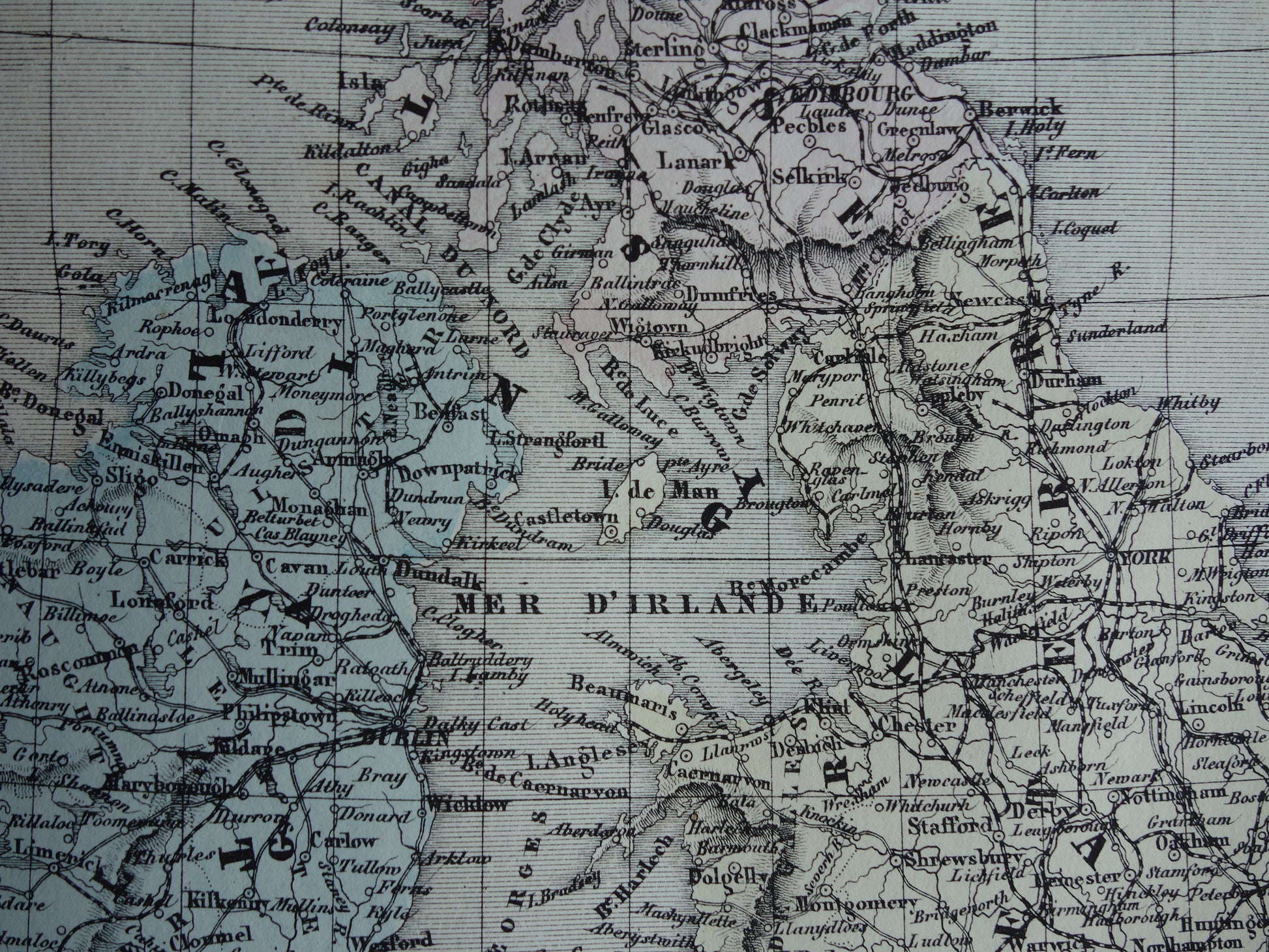 Groot-Brittannië en Ierland Oude Franse kaart uit 1858 van de Britse eilanden, Verenigd Koninkrijk, Wales, Engeland Originele antieke landkaart