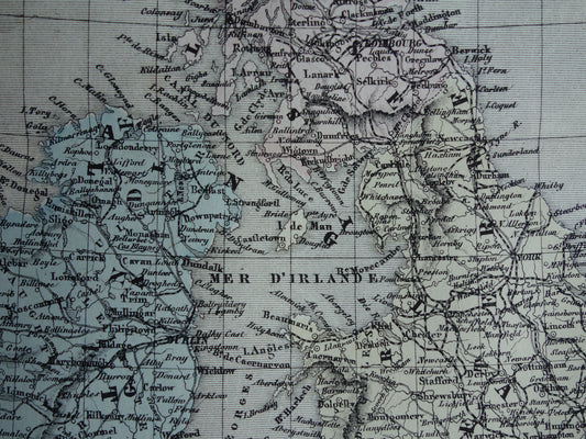 Groot-Brittannië en Ierland Oude Franse kaart uit 1858 van de Britse eilanden, Verenigd Koninkrijk, Wales, Engeland Originele antieke landkaart