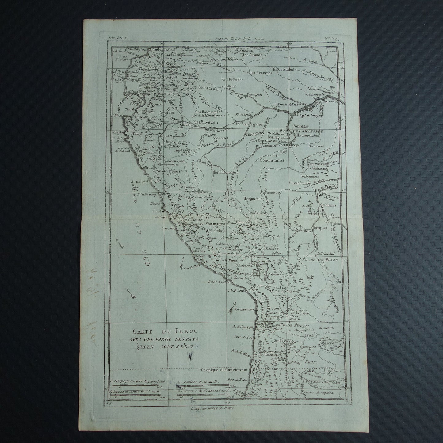 PERU Oude landkaart Originele antieke Franse Bonne kaart uit 1784 van Peru