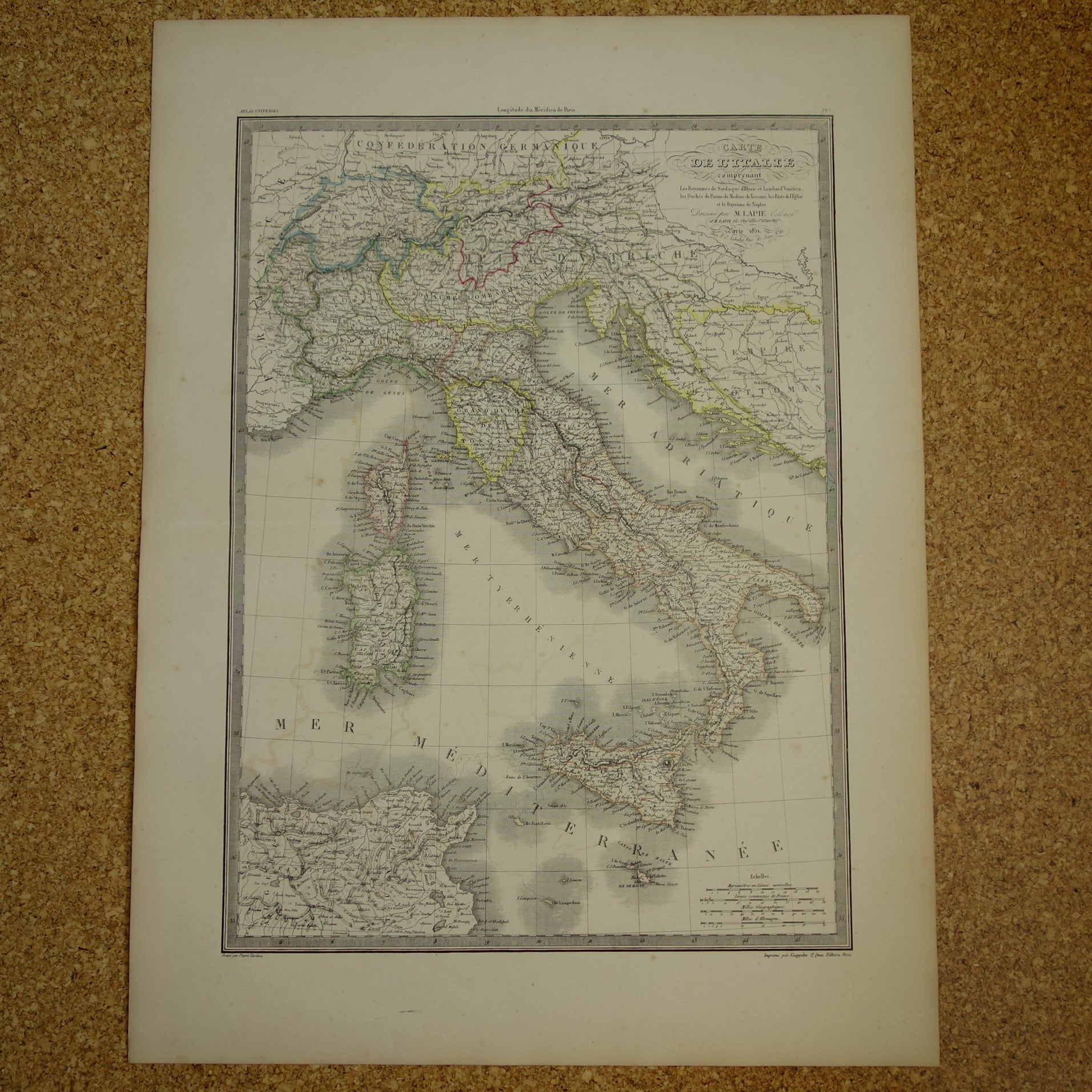 Grote oude landkaart van Italië 1851 originele antieke kaart van Italië met jaartal 51 x 69 te koop vintage poster
