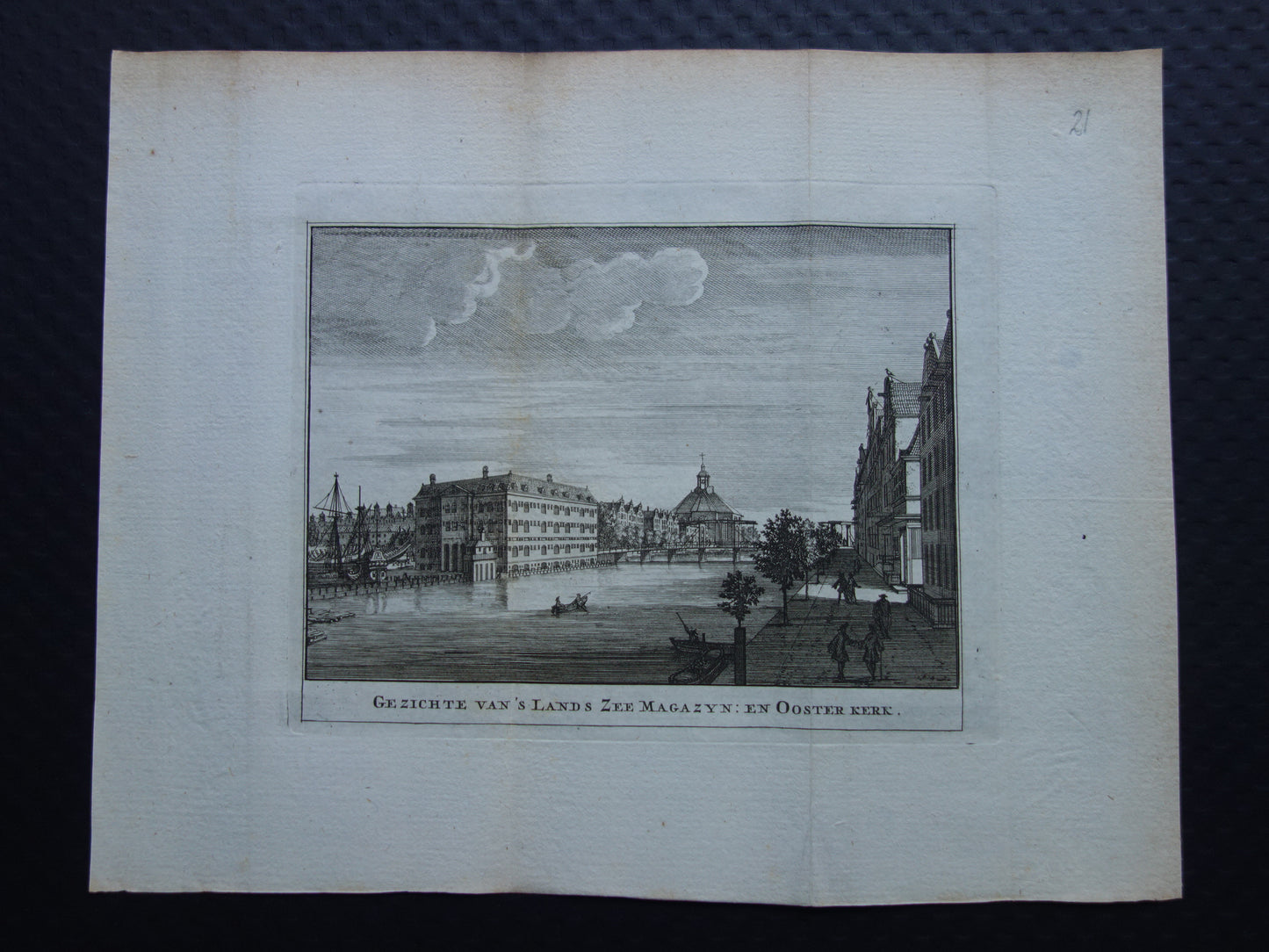 Gezichte van 's Lands zee Magazyn en Oosterkerk originele gravure wagenaar