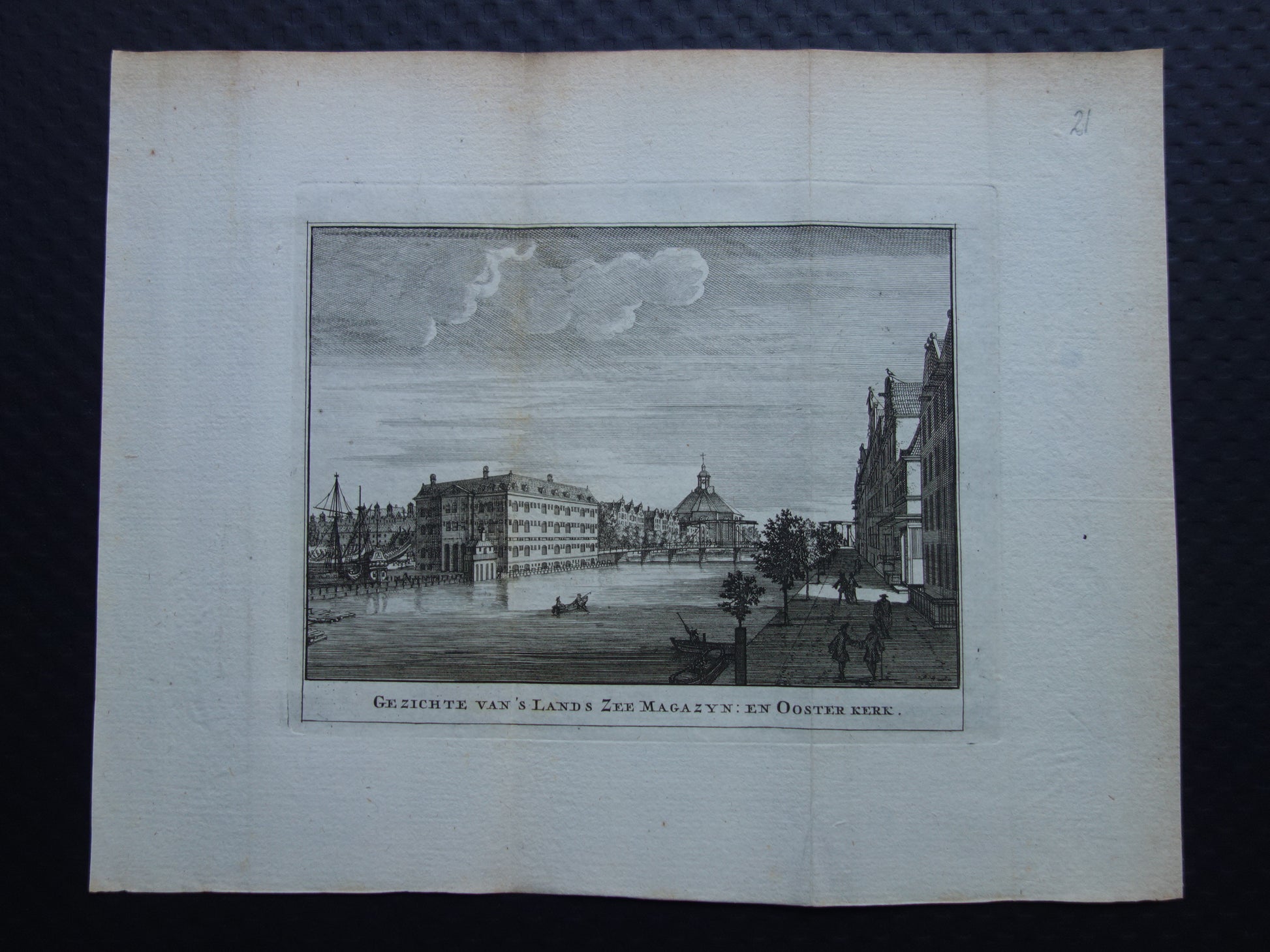Gezichte van 's Lands zee Magazyn en Oosterkerk originele gravure wagenaar