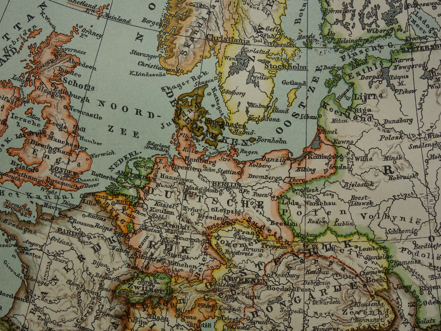 Oude kaart van Europa uit 1907 originele antieke landkaart van Europa continent vintage Nederlandse kaarten