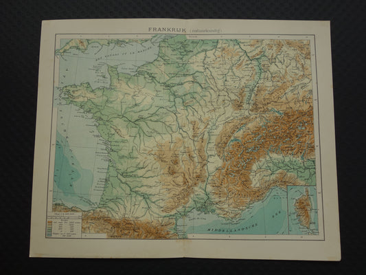 FRANKRIJK oude Nederlandse kaart van Frankrijk uit 1907 originele antieke landkaart hoogtekaart