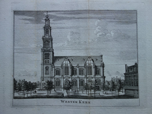 Westerkerk Oude prent van Westertoren in Amsterdam Originele antieke gravure Historisch stadsgezicht Vintage Print