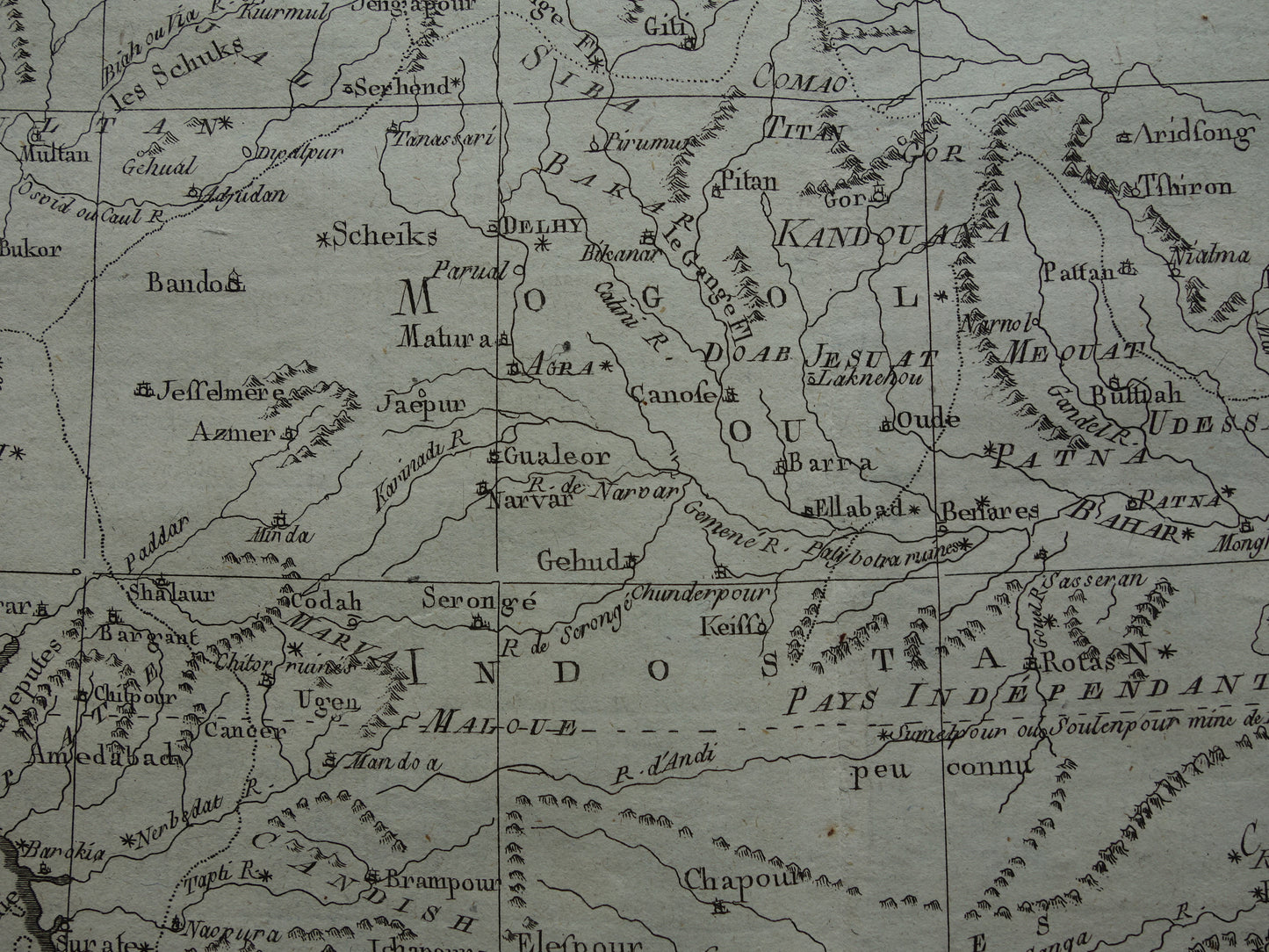 India antieke kaart van Noord-India en Nepal uit 1780 originele oude landkaart vintage Ganges print